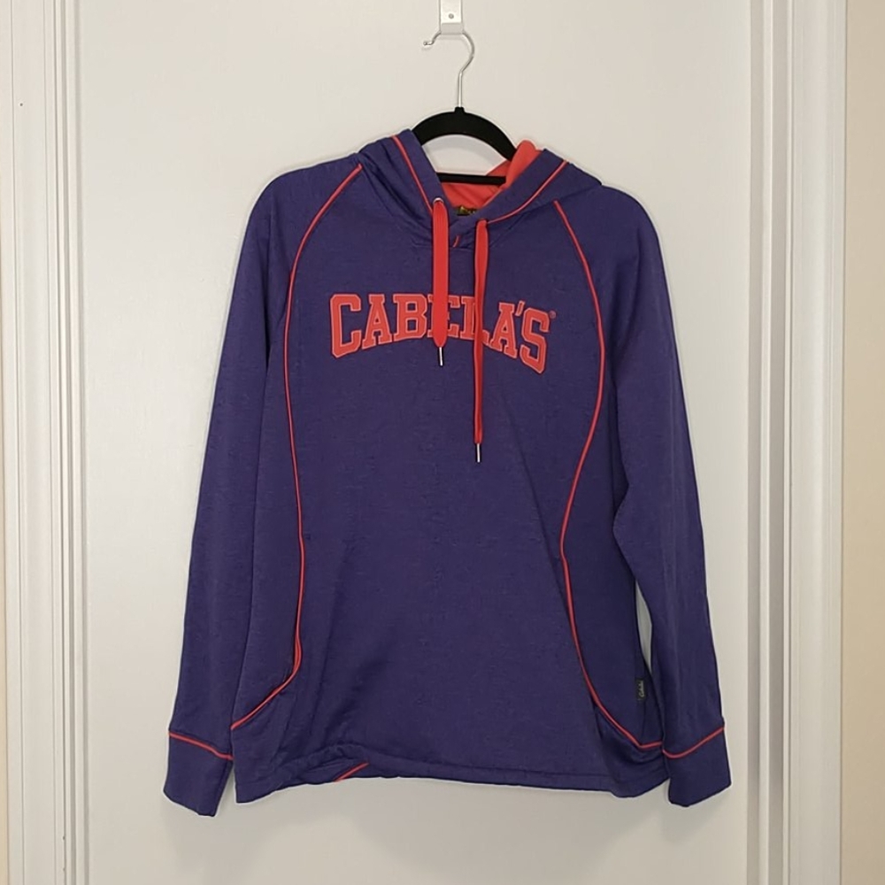 Cabela's purple orangy red spell out hoodie